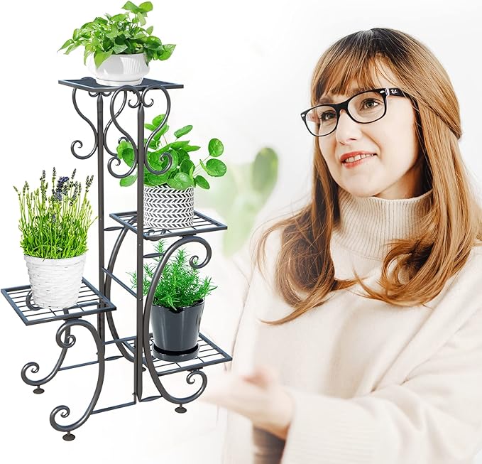 ZHAZHADI Metal Plant Stand Indoor Outdoor - 4 Tier Flower Pot Holder Shelf - Wrought Iron Planter Display Rack - Corner Vertical Shelves Organizer for Garden Patio Lawn balcony…