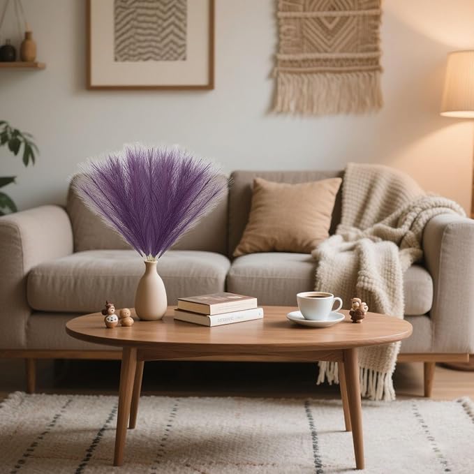 30 Pcs Deep Purple Faux Pampas Grass, 17 Inches Artificial Pampas Grass Bulk, Short Fluffy Faux Pompas for Vase Filler, Home Boho, Wedding Anniversaries, Baby Shower Decoration