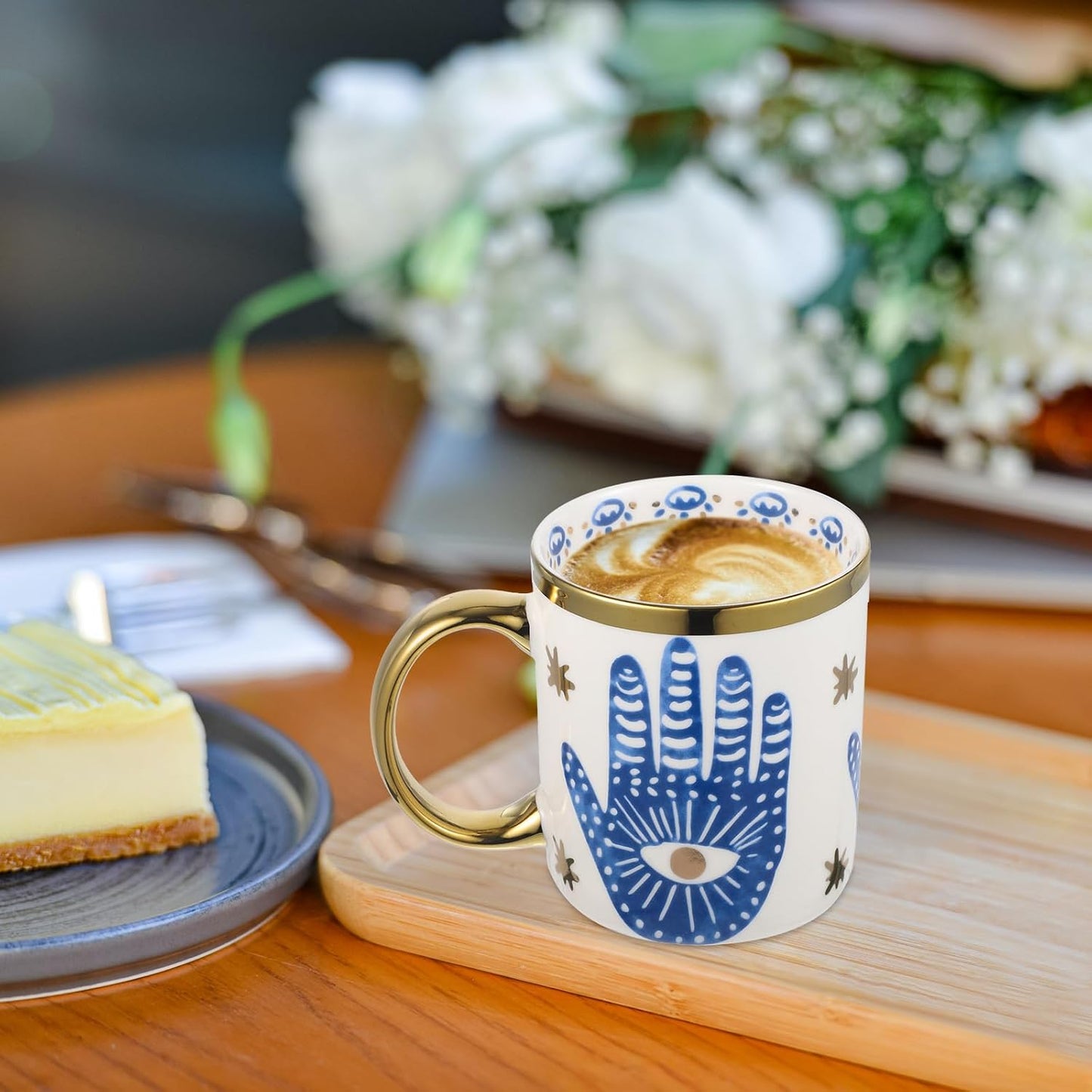 Evil Eye Ceramics Coffee Mugs 12oz Perfect for Cappuccino Latte Tea Beer Hot and cold drinks, Coffee Cups for home and office, Dishwasher Safe (Palm)