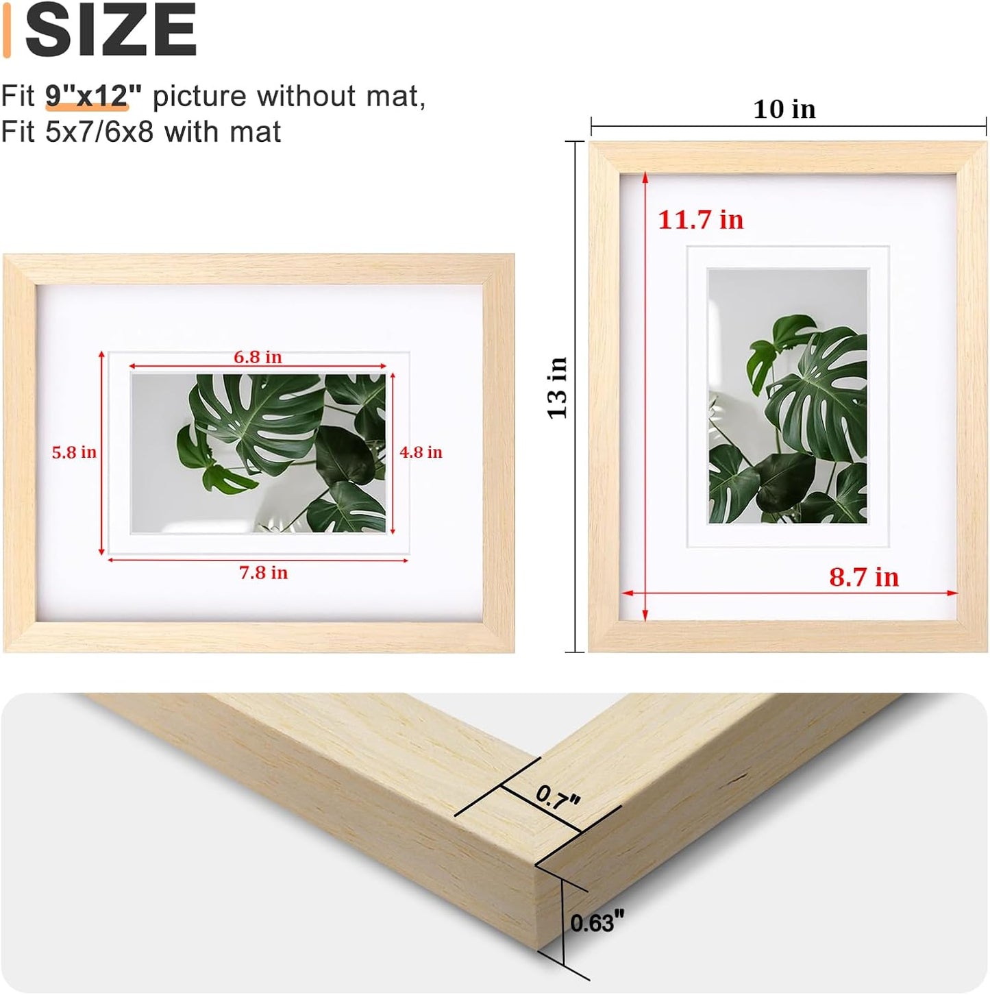 Egofine 9x12 Picture Frames Set of 4, Made of Solid Wood Covered by Plexiglass 5x7 and 6x8 with Mat or 9x12 without Mat, for Table Top Display and Wall Mounting Photo Frame Oak Wood
