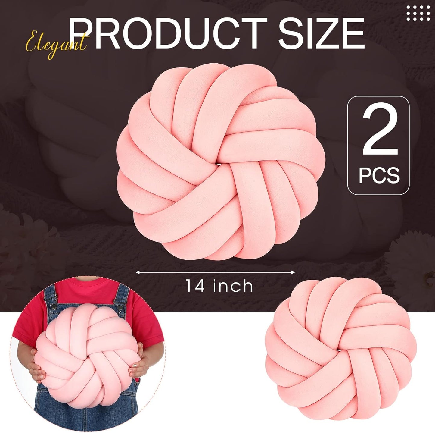 Fumete 2 Pcs 14 Inches Knot Pillow Round Throw Soft Plush Knot Ball Pillow Handmade Knotted Modern Home Decorative Cushion for Bed Bedroom, Sofa, Couch (Pink)