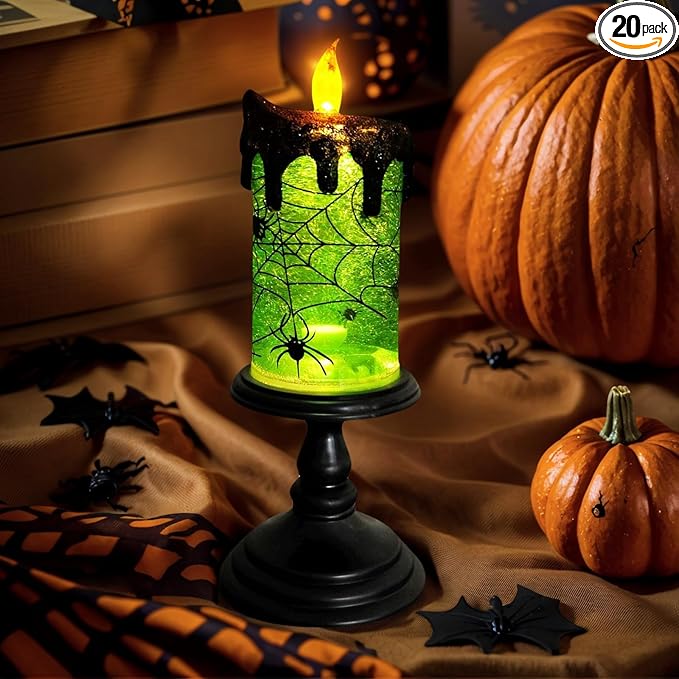 1.Halloween Snow Globe Tornado Flameless Candles Table Centerpiece for Celebration Party,Battery Operated LED Candle with 6 Hours Timer for Home Indoor Halloween Decoration (Spider)
