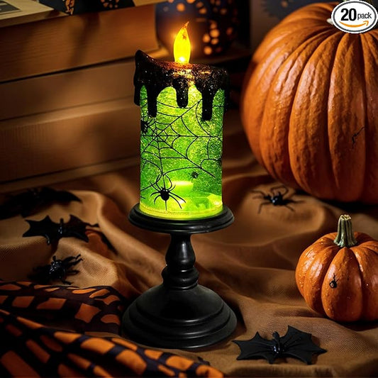 1.Halloween Snow Globe Tornado Flameless Candles Table Centerpiece for Celebration Party,Battery Operated LED Candle with 6 Hours Timer for Home Indoor Halloween Decoration (Spider)