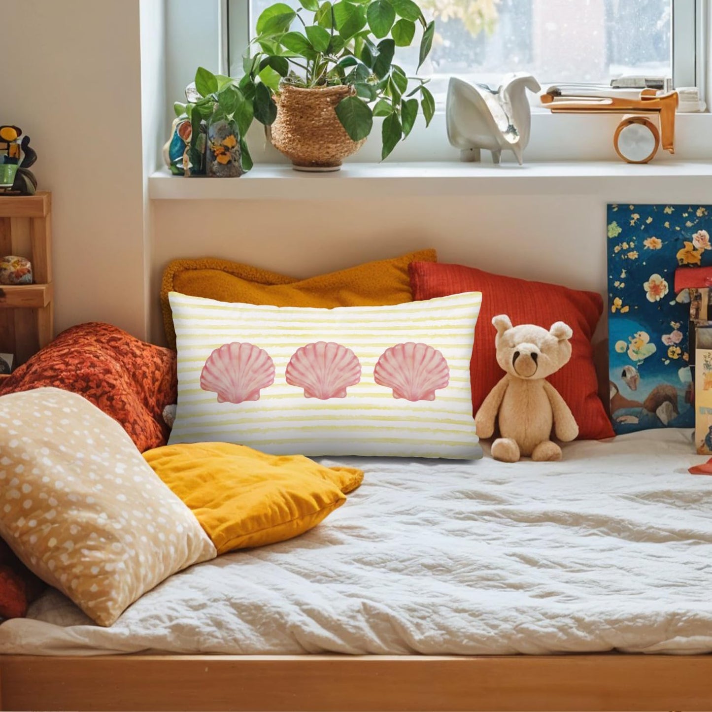 Coastal Girly Room Decor 12x20 Pillow Cover, Preppy Beach Pink Seashell Yellow Striped Decorative Lumbar Pillow Covers for Girls Bedroom College Dorm Sofa Couch