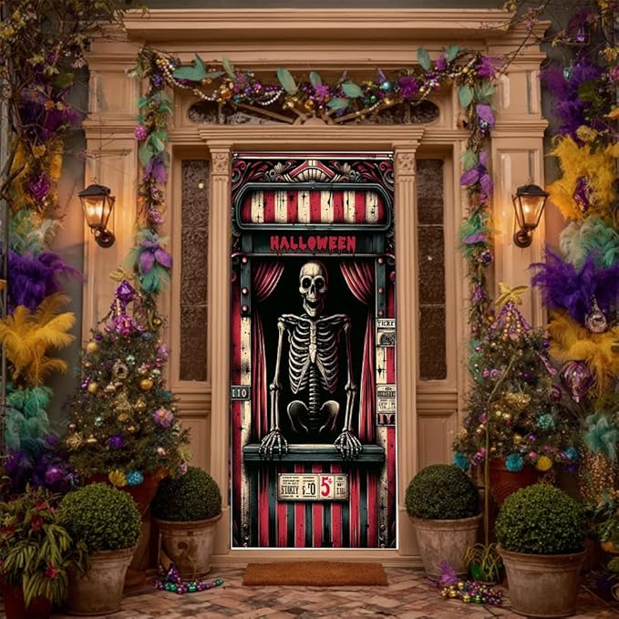 2D flat Skeleton Prison Halloween Door Banner Scary Horror Front Door Decorations for Halloween Party Indoor Outdoor Cover 71x35 Inch