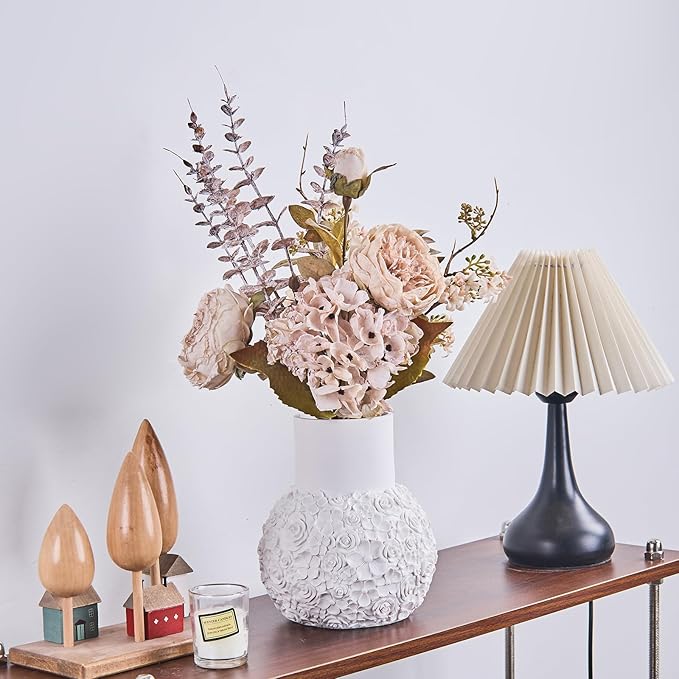 White Rose Hand-Carved Resin Vase – 8 Inch Decorative Bulb Vase for Pampas Grass, Centerpiece, Home Decor | Elegant Entryway, Countertop & Nightstand Accent | Unique Housewarming Gift