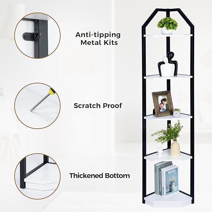 Fun Memories 5 Tier Corner Shelf, 70” Corner Shelf Stand, Corner Bookshelf Plant Stand, Storage Shelf for Bathroom, Living Room, Kitchen,Home Office, White