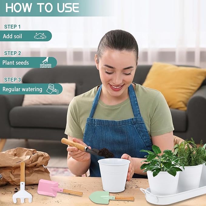 Indoor Herb Garden Set of 3 with Tray and 3 Types of Gardening Tools, Metal Plant Pots Herb Garden Planter Kit with Drainage for Plants (White)