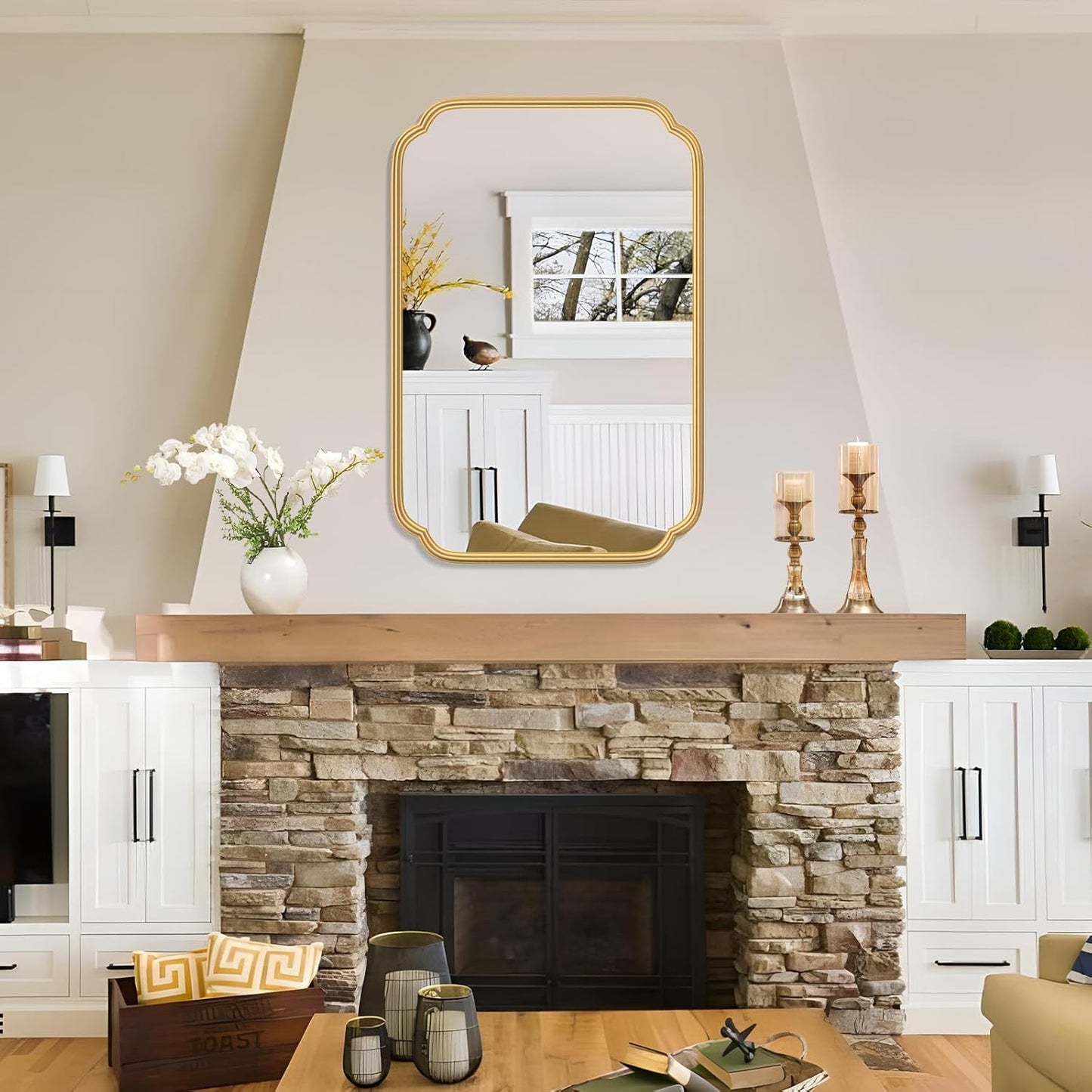 Gold Bathroom Mirror for Wall 20" x 30" Modern Rounded Corner Rectangle Mirror with Non-Rusting Iron Metal Framed Bathroom Vanity Mirror for Over Sink Wall Decor(Horizontal/Vertical)