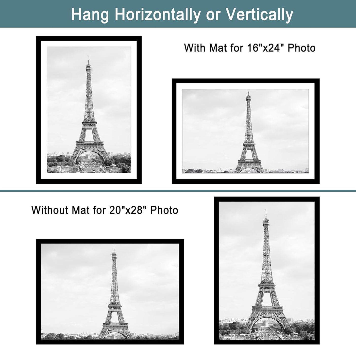 iRahmen 20x28 Picture Frame Set of 2 with Plexiglass, Black Wood Poster Frame for Wall Mounting Display 16x24 Picture with Mat or 20 x 28 Without Mat