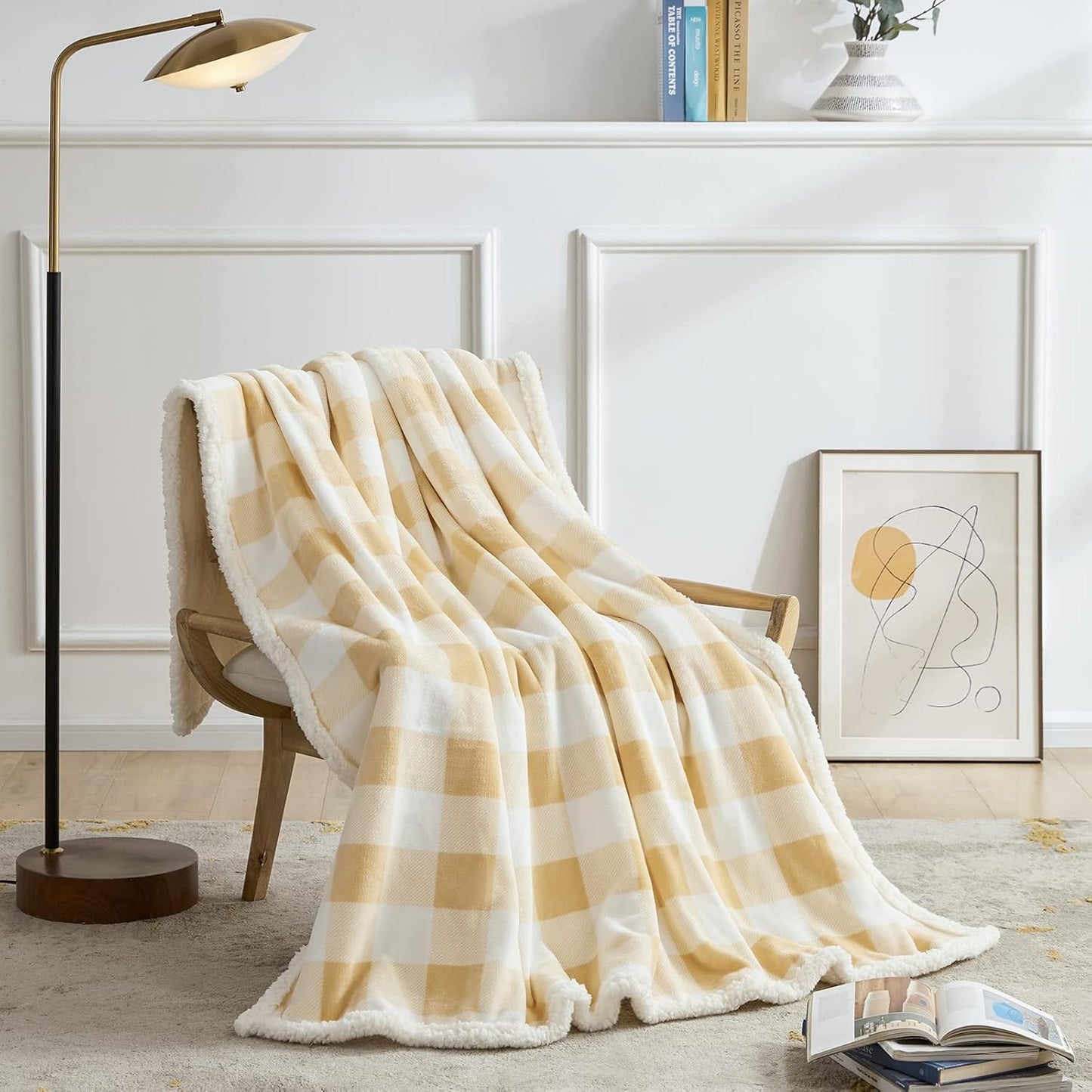 BEAUTEX Sherpa Fleece Throw Blanket, Super Soft Warm Buffalo Plaid Plush Blankets and Throws, Lightweight Cozy Fuzzy Blanket for Couch Sofa Bed (Beige, Throw 50" x 60")