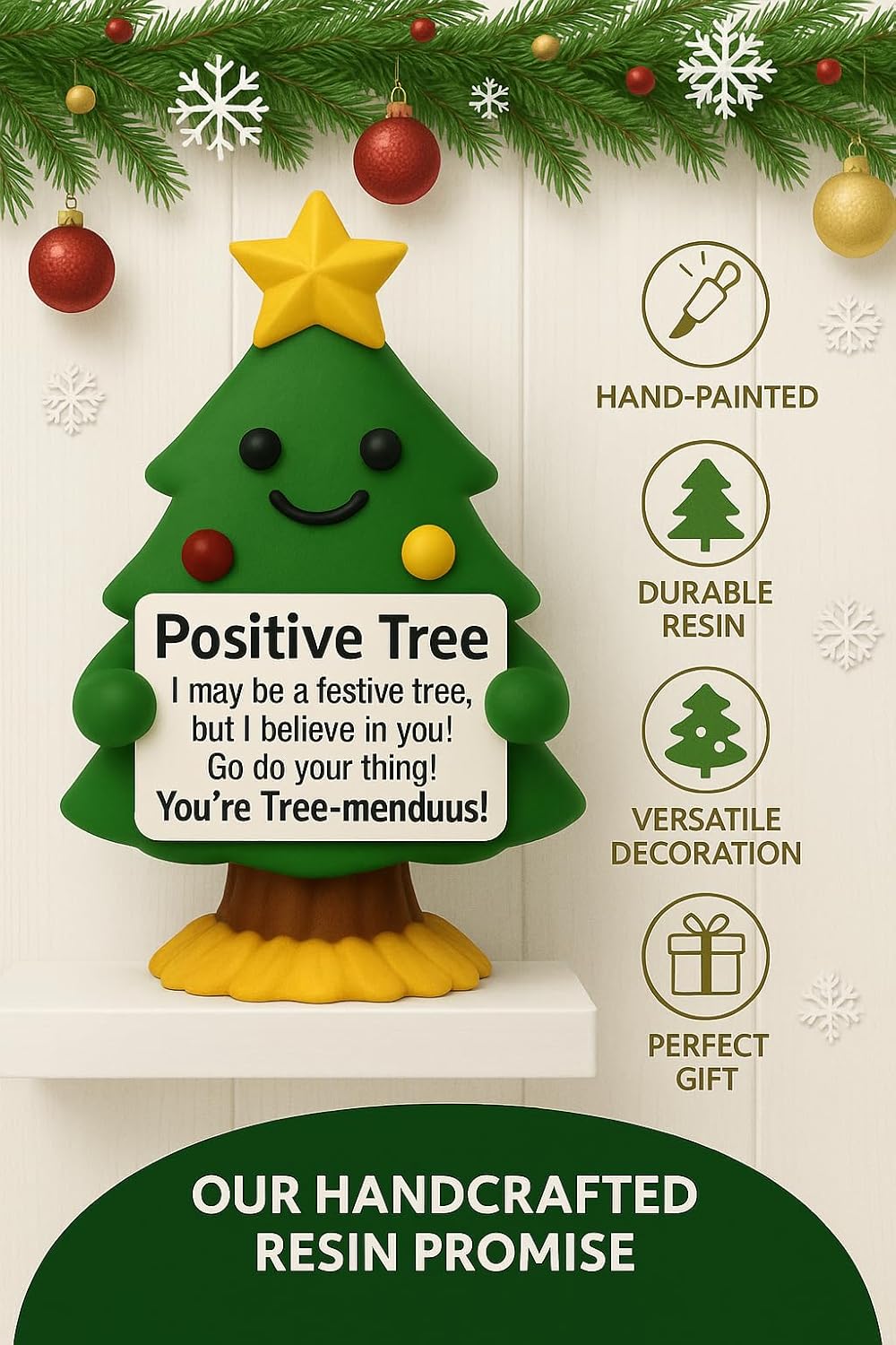 iStatue Positive Tree Hand-Painted Resin Figurine, 5-Inch Christmas Decoration Indoor Desk Décor | Cute Motivational Gift, Stocking Stuffer, Holiday Mantel & Office (Green Tree)
