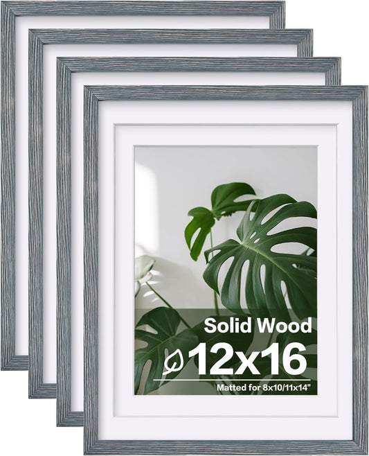 Egofine 12x16 Picture Frames Set of 4, Made of Solid Wood Covered by Plexiglass 9x12 and 11x14 with Mat or 12x16 without Mat, for Wall Mounting Photo Frame Rustic Blue