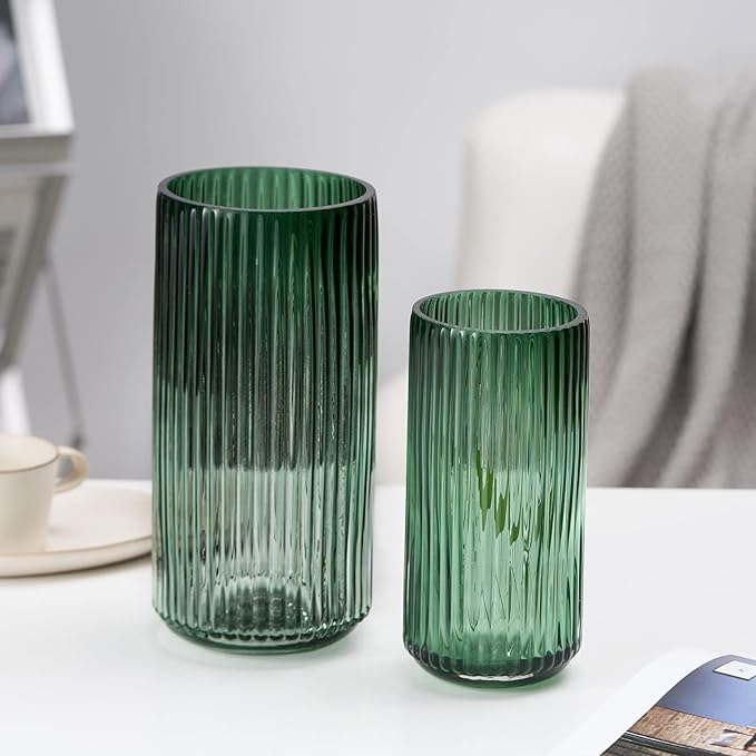 Flower Vase 7.5 inch Green Thickened Glass Vase for Bookshelf,Dinner Table,Indoor Office Desktop,Meeting Room,Bathroom,Countertop,Home Christmas Day Decoration