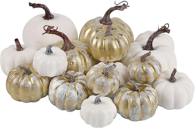 winemana 16 Pcs Golden and White Pumpkins Thanksgiving Pumpkin Decorations Assorted Sizes, Artificial Foam Harvest Autumn Decor, Fake Pumpkins Fall Decorations for Indoor Home Kitchen Table Mantle
