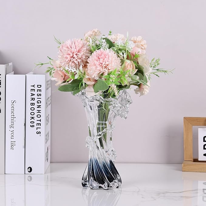 Blue White Clear Wave Vases Gradient, Murano Hand Blown Glass Vase Unique Art Decorative, for Ocean Themed Coastal Home Centerpiece Modern Office Entrance Table Creativity