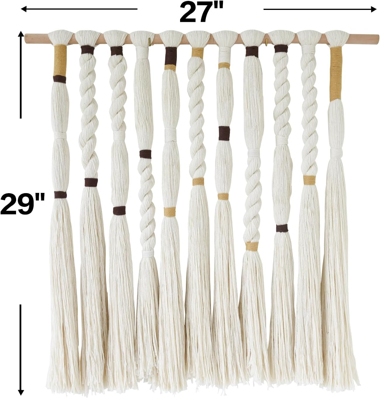 Macrame Wall Hanging with Braided Knot and Tassel Fringe, Handmade Boho Wall Art for Bedroom, Living Room, or Entryway Decor 27" W x 29" L