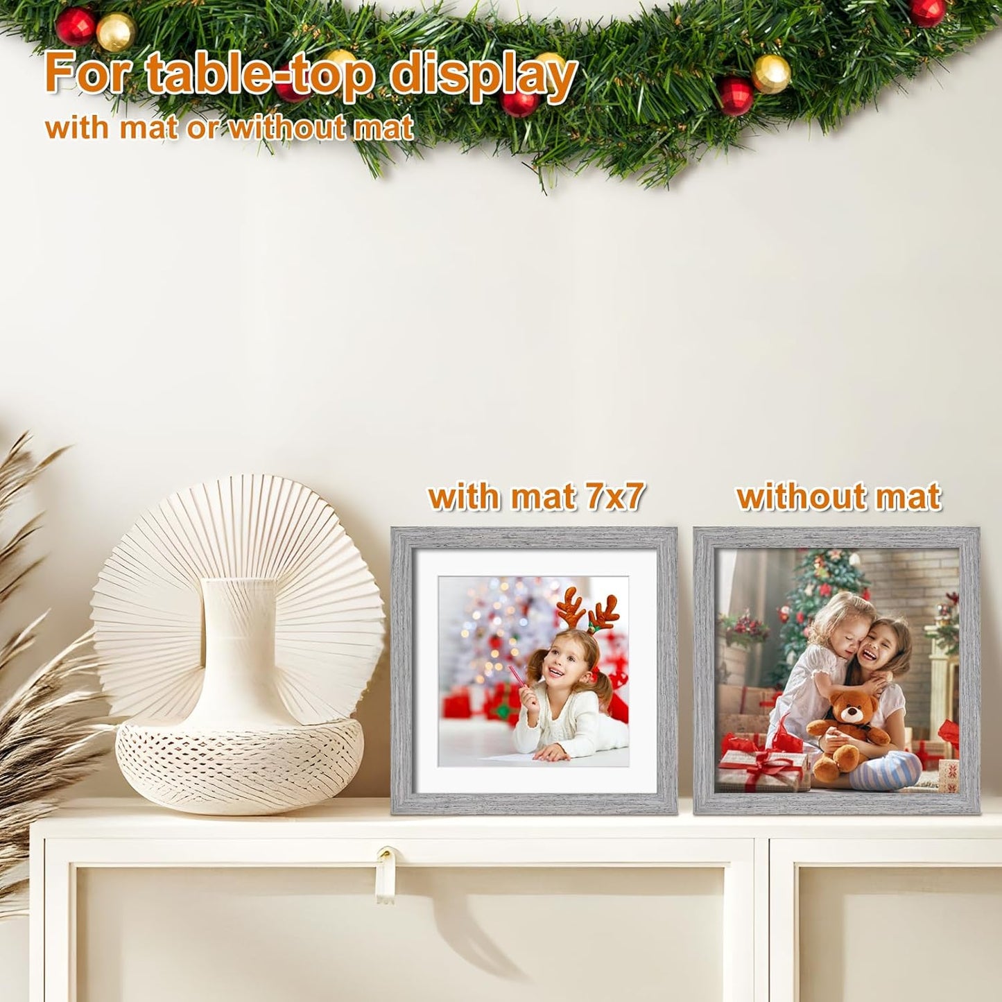 KINLINK 9x9 Picture Frame, Grey Square Solid Wood Frames for Pictures 6x6 with Mat or 9x9 without Mat, Wall and Tabletop Display Photo Frames Grey Wood 4 Pack