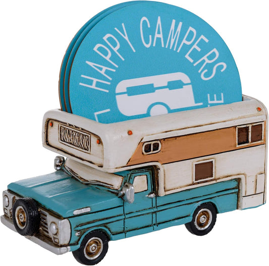 Happy Camper Car Coaster Set - Truck RV Coasters for Drinks Rustic Home Decor Living Room - Table Coasters Set Dining Room Decor and Accessories - Home Bar Camp
