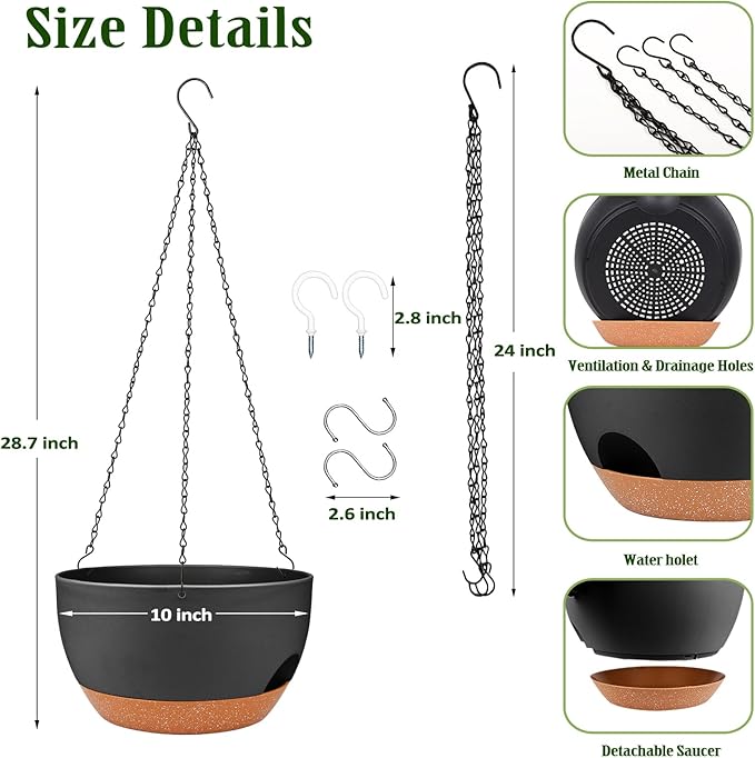 Hanging Planters for Outdoor Indoor Plants, 2 Pack 12 Inch Hanging Basket Plants Outdoor, Self Watering Hanging Planter with Plant Hanger for Garden Home Decoration (Black, 10 inch)
