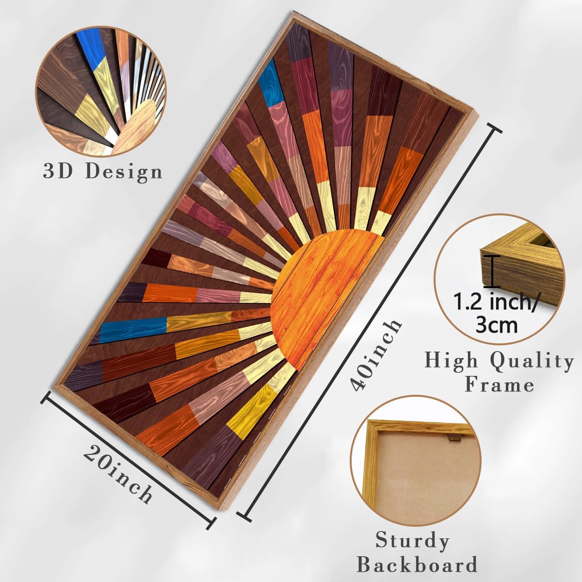 IARTTOP Extra Large Boho Sun Wood Wall Art for Living Room Wooden 3D Framed Abstract Sun Rising on the Horizon Geometric Wall Decor Mid century Sunshine Artwork Home Bedroom Office20 * 40 Inch