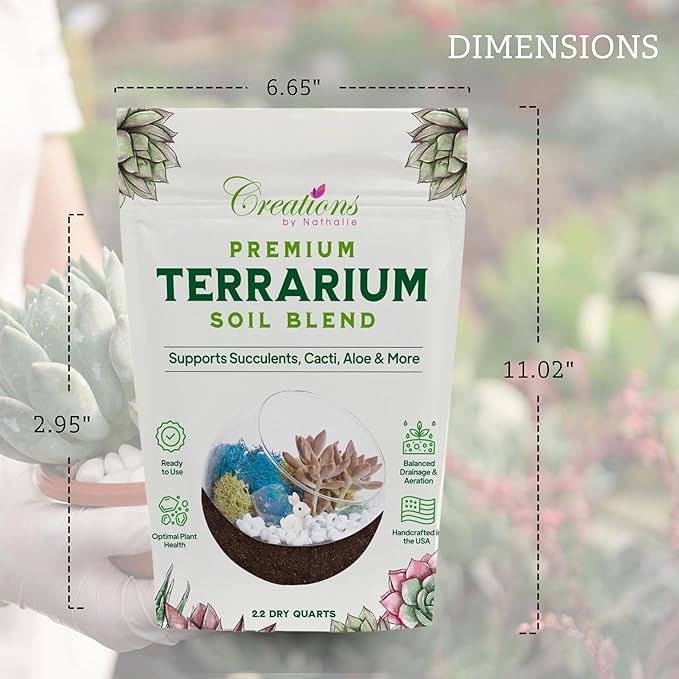 Terrarium Soil Blend - Well Draining Potting Soil for Live Succulents, Cactus, Aloe - Terrarium Supplies, Natural Pine Bark, Peat, Coarse Sand - Indoor Planting Mix Bag