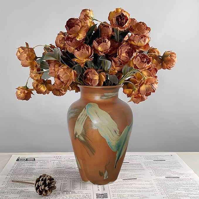 Terracotta Pottery - 8.8" Unique Decorative Vintage Vase, Green Glazed Earth Yellow Boho Neutral vase Home Decor, Wide Mouth Ceramic Farmhouse Flower Vases for Living Room, Kitchen Decor