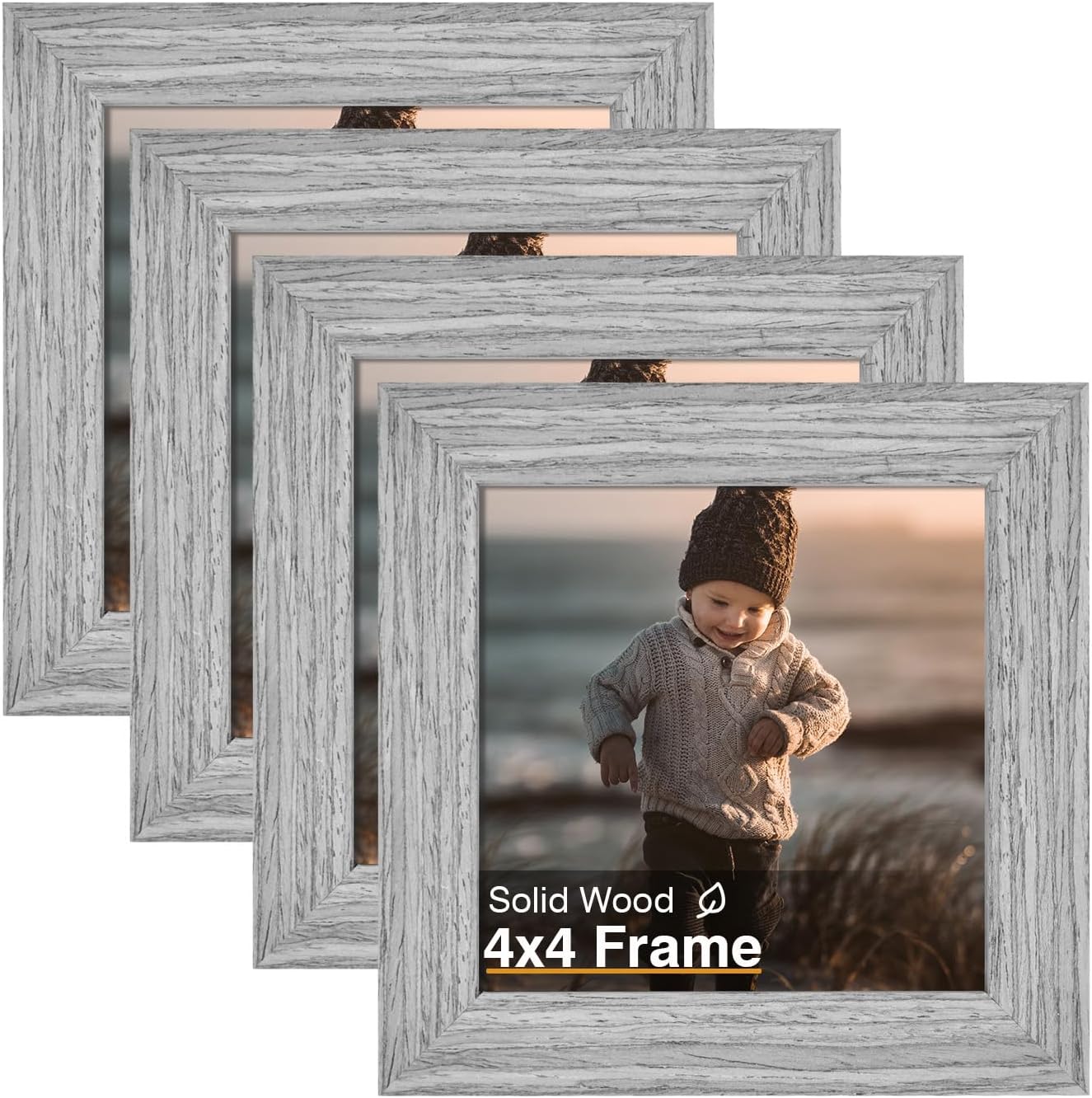 KINLINK 4x4 Picture Frame, Grey Square Solid Wood Frames for Pictures 4x4 without Mat, Wall and Tabletop Display Photo Frames Grey Wood 4 Pack