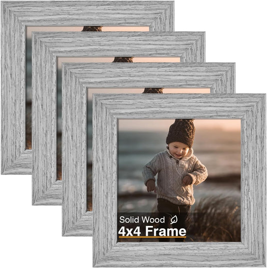 KINLINK 4x4 Picture Frame, Grey Square Solid Wood Frames for Pictures 4x4 without Mat, Wall and Tabletop Display Photo Frames Grey Wood 4 Pack