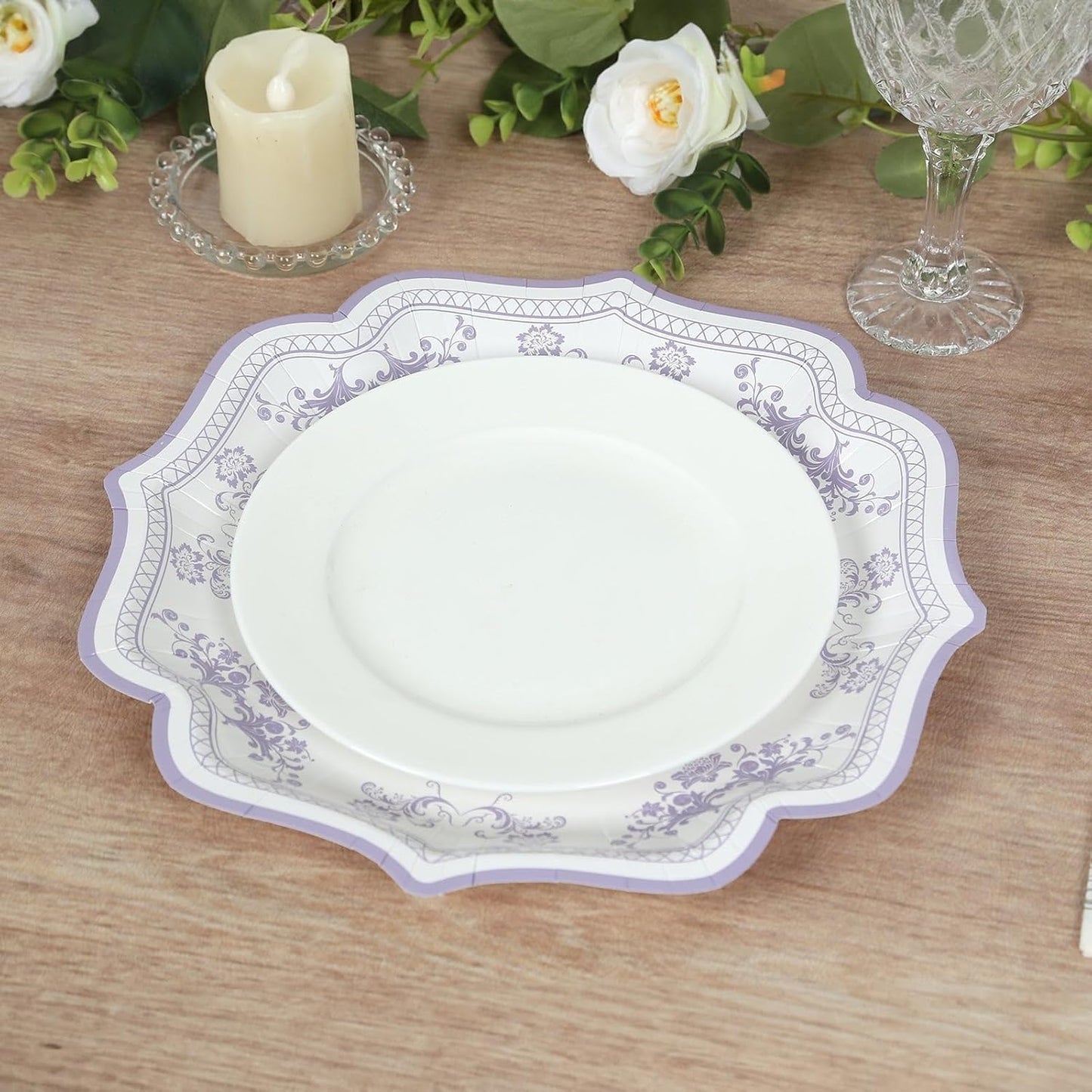 Efavormart 25 Pack White Lavender Lilac Paper Dinner Plates in Damask Floral Pattern, 10" Disposable Party Plates with Scalloped Rims - 300 GSM
