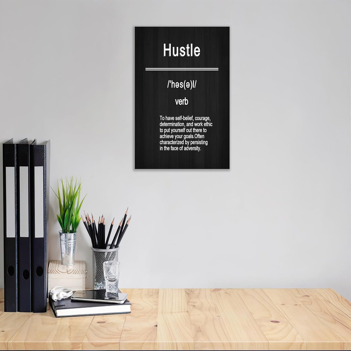 Inspirational Canvas Wall Art Hustle Motivational Entrepreneur Quotes Framed Picture Print Positive Poster Painting Wall Decor Artwork for Modern Home Bathroom Bedroom Ready to Hang [12''Wx18''H]