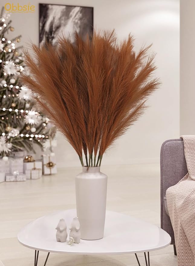 35" Faux Pampas Grass Decor, 8pcs Large Tall Fluffy Artificial Pompous Grass Branches Floral Fake Pompas Grass Bulrush Floor Vase Filler Flower Arrangement for Home Wedding Boho Decor, Brown