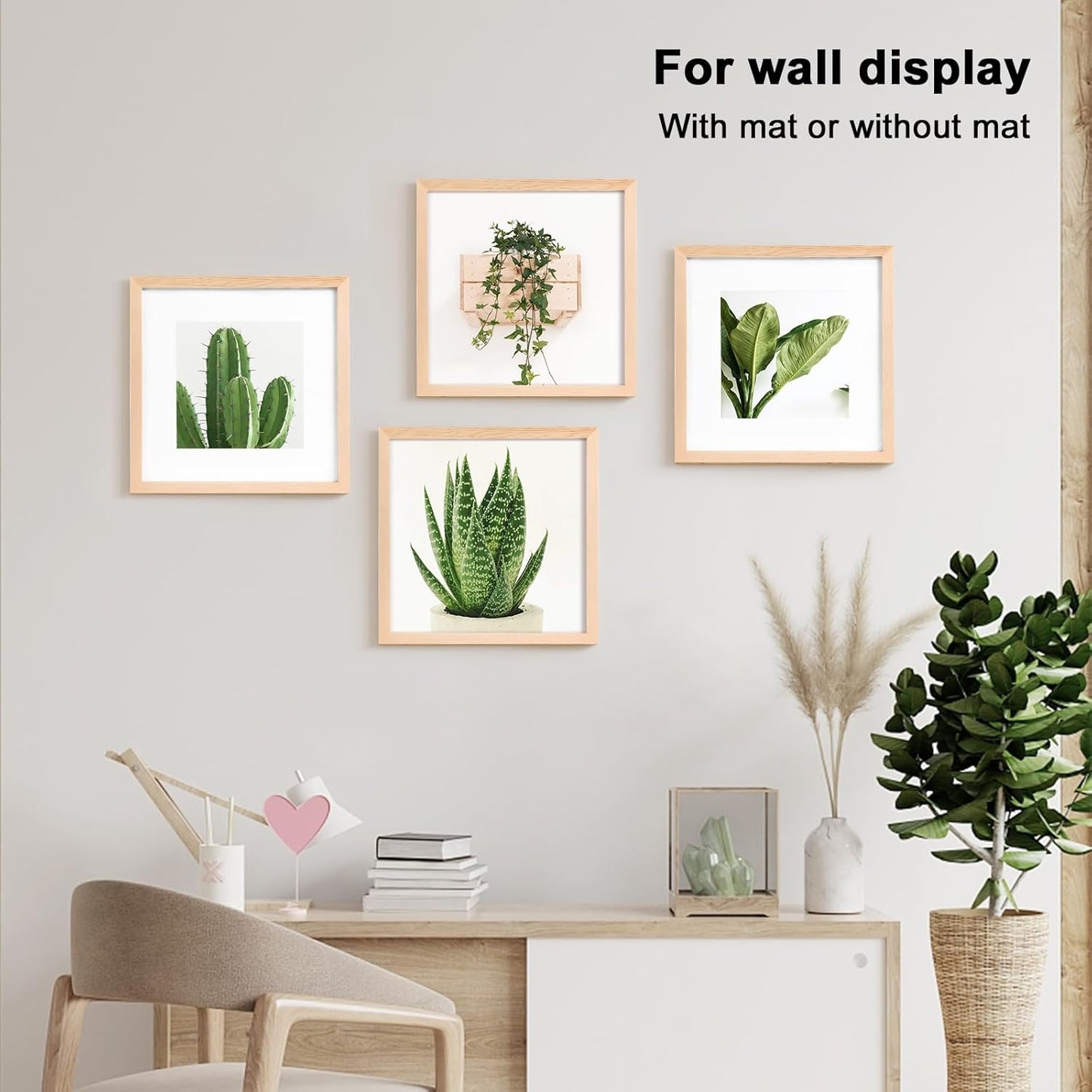 KINLINK 12x12 Picture Frame, Natural Square Solid Wood Frames for Pictures 8x8 with Mat or 12x12 without Mat, Wall Display Photo Frames Natural Wood 4 Pack
