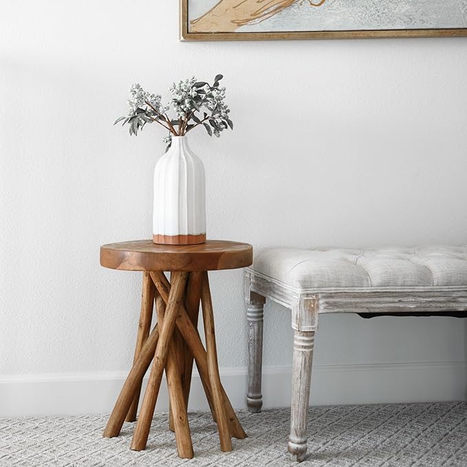 WELLAND Teak Wood Stick Leg End Table, 16" L x 16" W x 20" H Rustic Side Table, Small Accent Table, Plant Stand for Living Room, Bedroom, Home Office