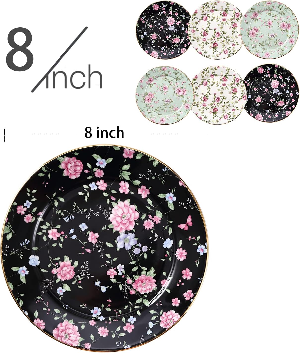 Floral Dessert Plates, Set of 6-8 Inch Ceramic Appetizer Plates with Gold Trim, Vintage Floral Design for Salad, Tea Party & Dinner