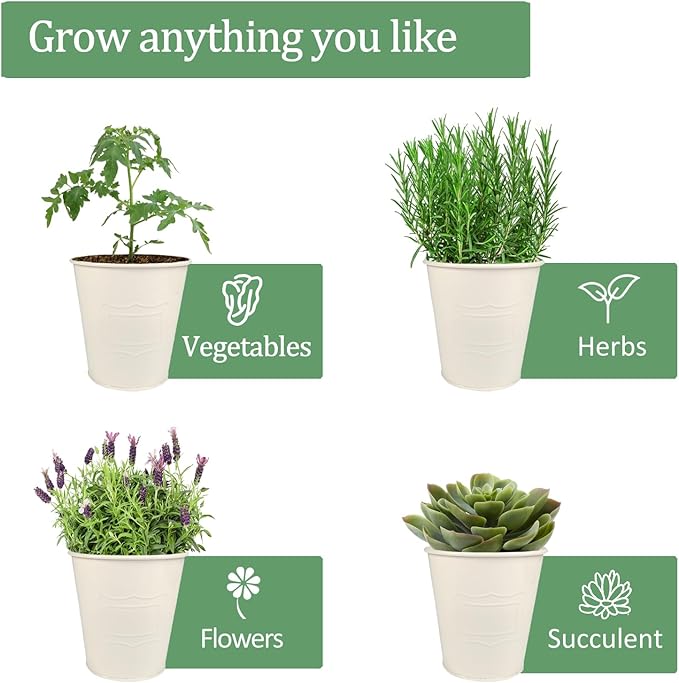 4" Herb Garden Planter Kit, Indoor Herb Planters with Tray, Set of 3 Metal Windowsill Pots for Flower Plants with Drainage Hole, Customizable Labels & Marker Pen, Beige