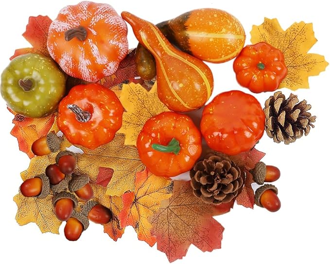 winemana Thanksgiving Fall Decorations for Home-6pcs Mini Pumpkins & 2pcs Gourds, 30pcs Leaves & 10pcs Acorns, 2pcs Pinecones Centerpiece Set-Harvest Decor for Table Mantel (Largest: 4.5" x 2.1")