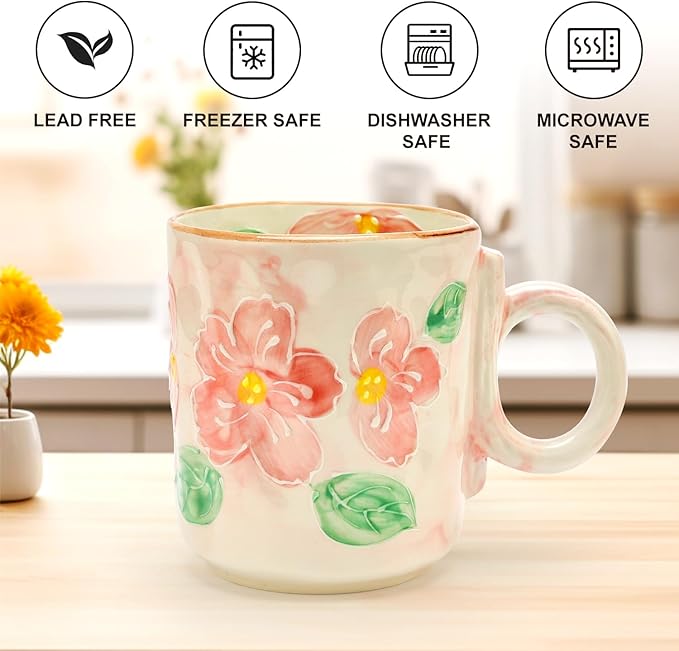 3D Cute Ceramic Coffee Mug Gifts for Women Her Grandma Mom Mugs Pretty Japanese Tea Cup Pink Porcelain Floral Mug Valentine Mothers Day Gift Ladies Female Christmas Gift Flower Teacup Lover Girly Mugs