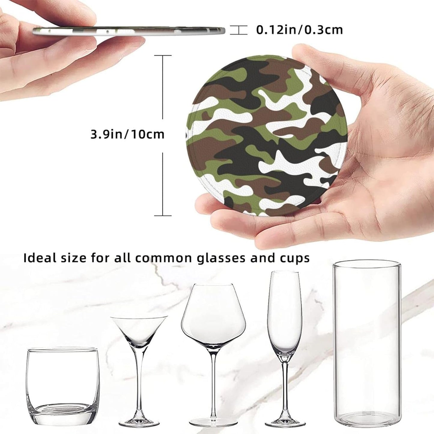 Drink Coasters with Holder Stand Set of 6, Camouflage Pu Leather Absorbent Coasters with Cork Base Table Round Coaster for Housewarming Apartment Kitchen Bar Decor