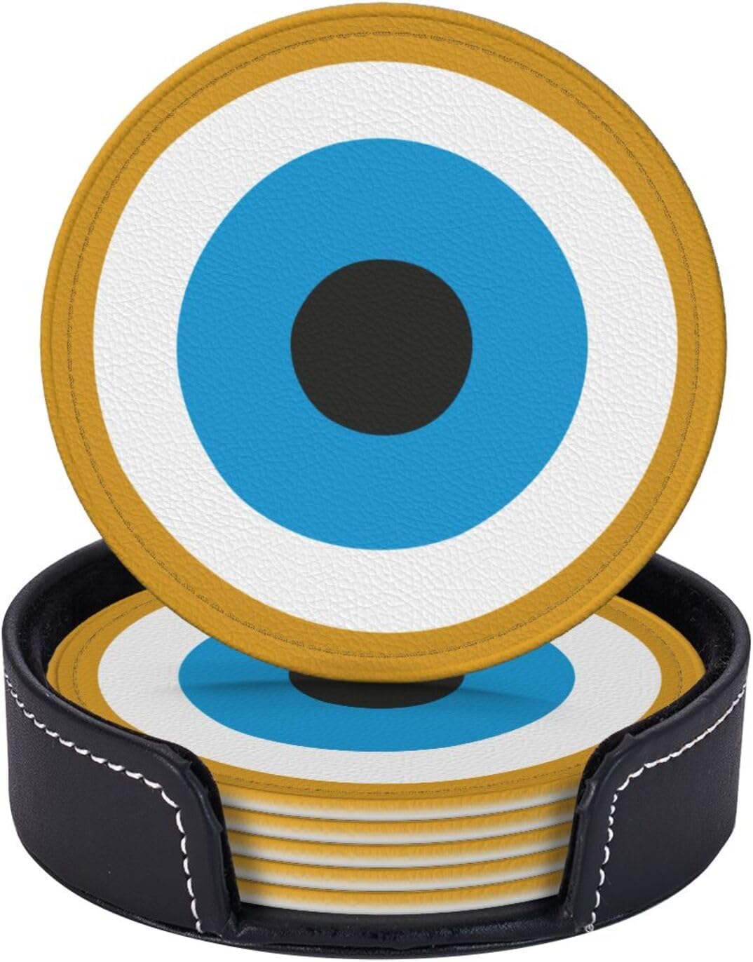 Evil Eye Themed Leather Drink Coasters Set of 6 with Holder Round Cup Coaster for Table Decor