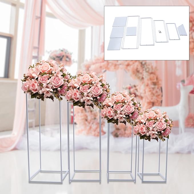 4 Pcs Metal Flower Stand for Wedding Centerpieces Stand Column Vases Wedding Flower Stand Rectangular Geometric Gold Centerpieces Stands for Wedding Decorations Home Party Event (4Pcs white)