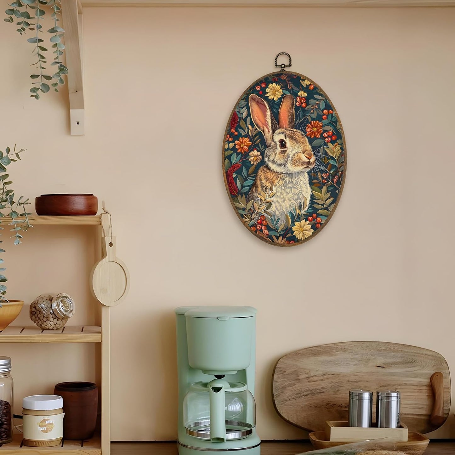 LKETW Floral Bunny Oval Wall Art Decor, Cottagecore Bunny Floral Botanical Oval Canvas Hanging Decor, Rustic Retro Rabbit Wall Decorations for Home Bedroom Living Room, 8.6x11.4 Inch