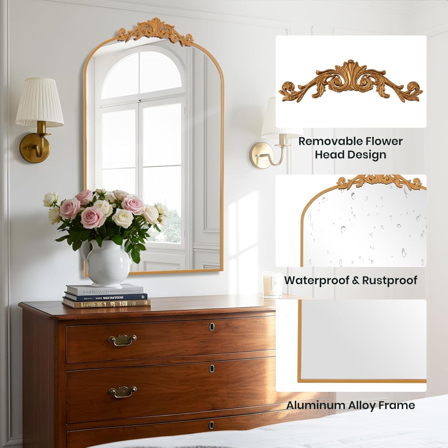 Filigree Arched Wall Mirror 22"x46" Retro Wall-Mounted Mirror with Vintage Ornate Carved Applique Hanging Leaning Antique Home Decor Mirror for Fireplace Living Room Entryway Hallway Bathroom, Gold