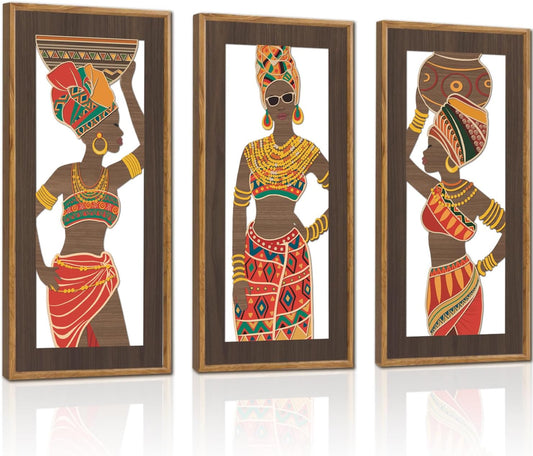 KAIRNE Abstract African American Wall Art,Black People Wooden Wall Art,Set of 3(8”X16”),Black Women Wood Hanging Decor,Traditional African Tribe Artwork for Living Room Kitchen Bedroom Decor,Framed