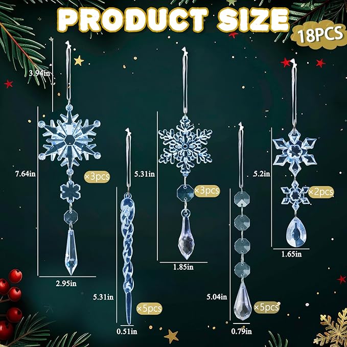 18pcs Crystal Christmas Ornaments for Christmas Tree Decorations-Blue Hanging Acrylic Snowflake and Icicle Ornaments with Drop Pendants for New Year Party Decorations Supplies