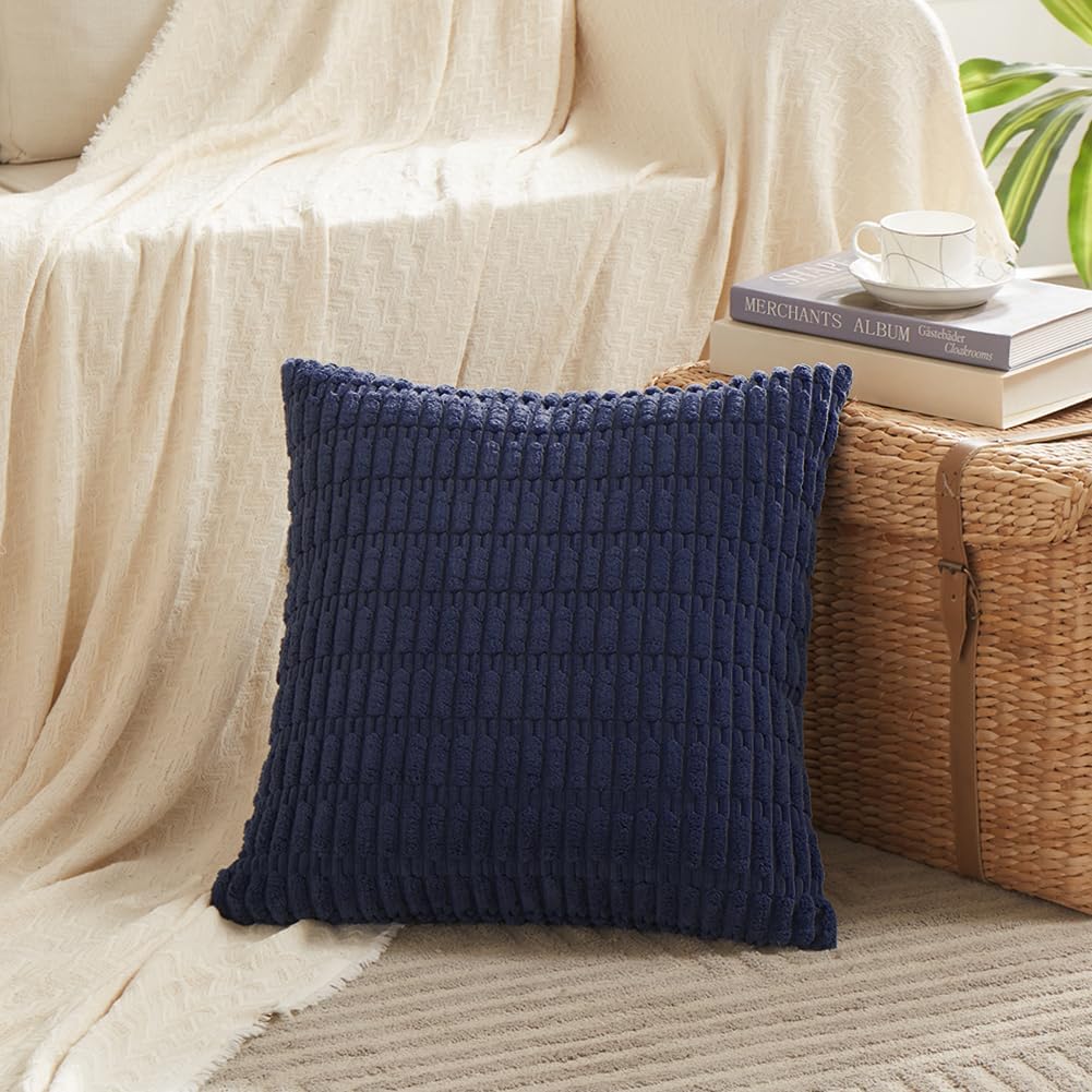 Fancy Homi 4 Packs Navy Blue Decorative Throw Pillow Covers 24x24 Inch for Living Room Couch Bed Sofa, Rustic Modern Farmhouse Boho Home Decor, Soft Plush Corduroy Cute Square Cushion Case 60x60 cm