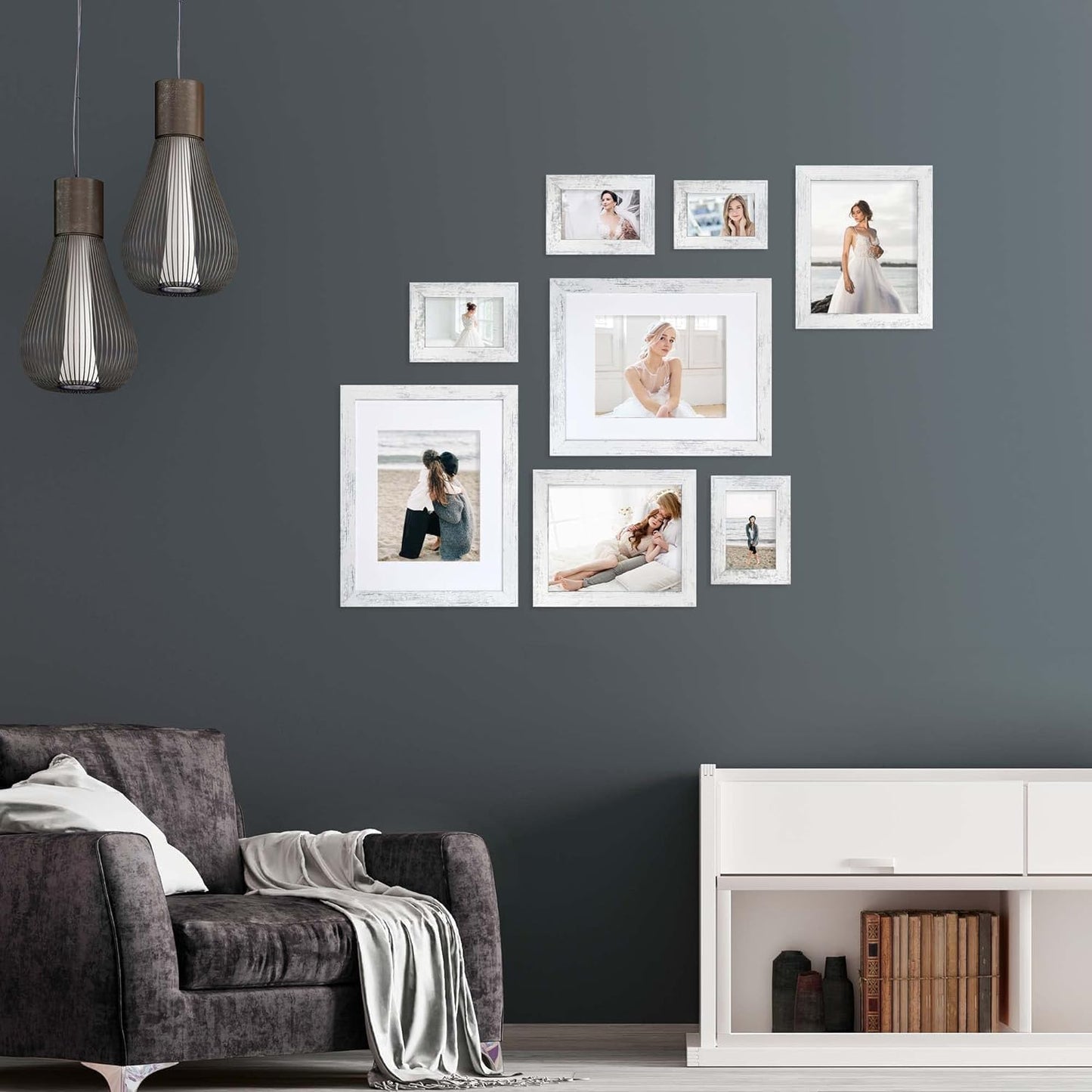 iRahmen 9x12 Picture Frame Set of 2, Distressed White Wood Photo Frames with Tempered Glass, Display Pictures 6x8 with Mat or 9 x 12 without Mat for Horizontal or Vertical Tabletop and Wall Mounting