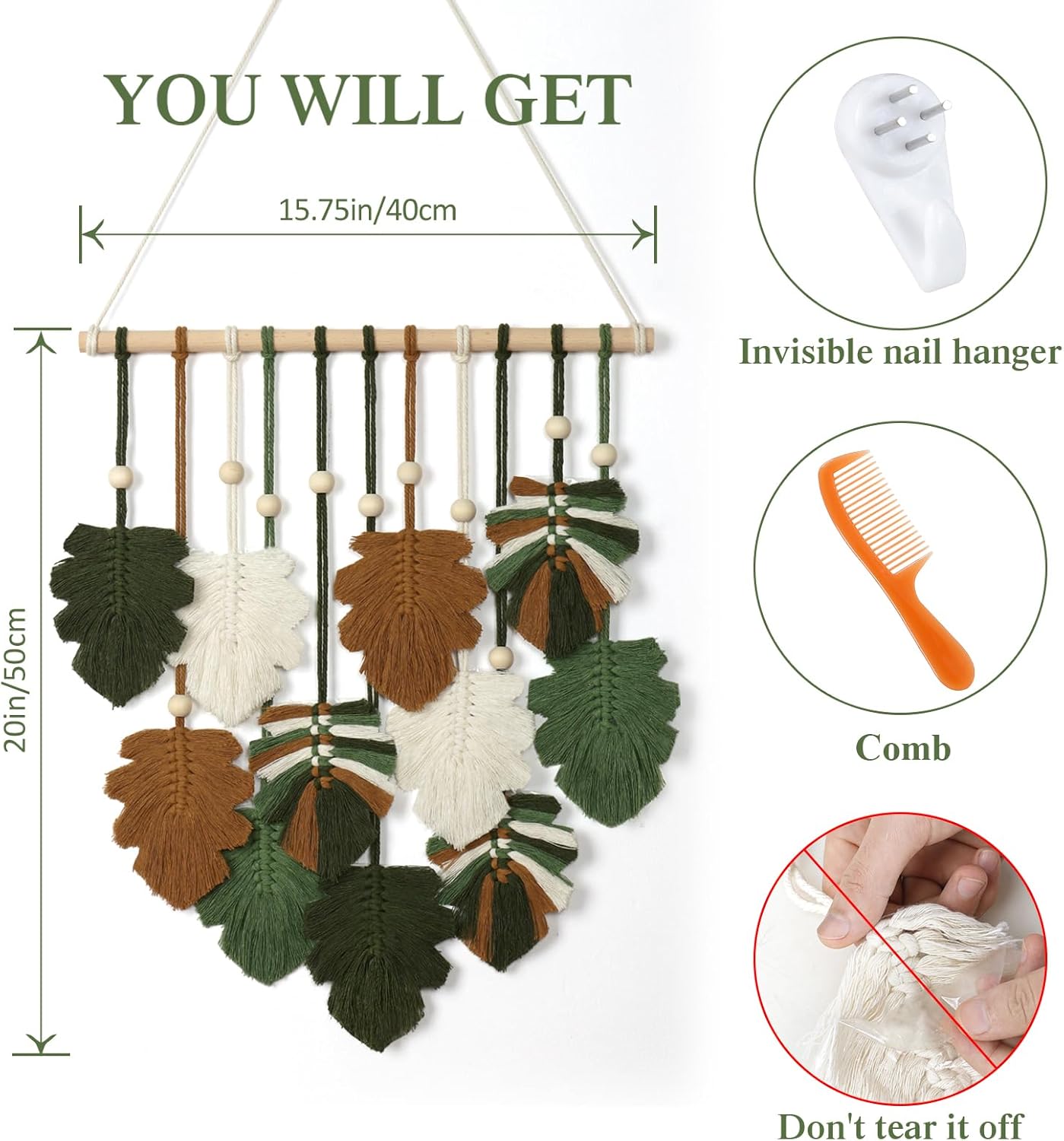 KHOYIME Macrame Wall Hanging Boho Home Decor, Bohemian Leaves Woven Yarn Tapestry Chic Aesthetic Wall Art Modern Handmade Leaf Hanging Decoration for Bedroom Living Room Nursery Office 15.7''W x 20''L