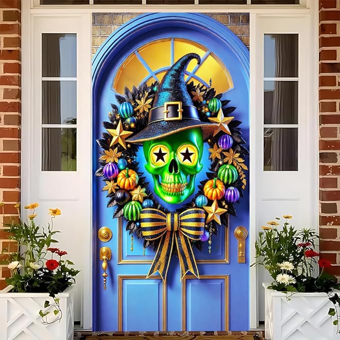 2D flat Funny Green Monster Christmas Door Banner Holiday Front Door Decorations for Indoor Outdoor Xmas Party Door Cover 71x35 Inch