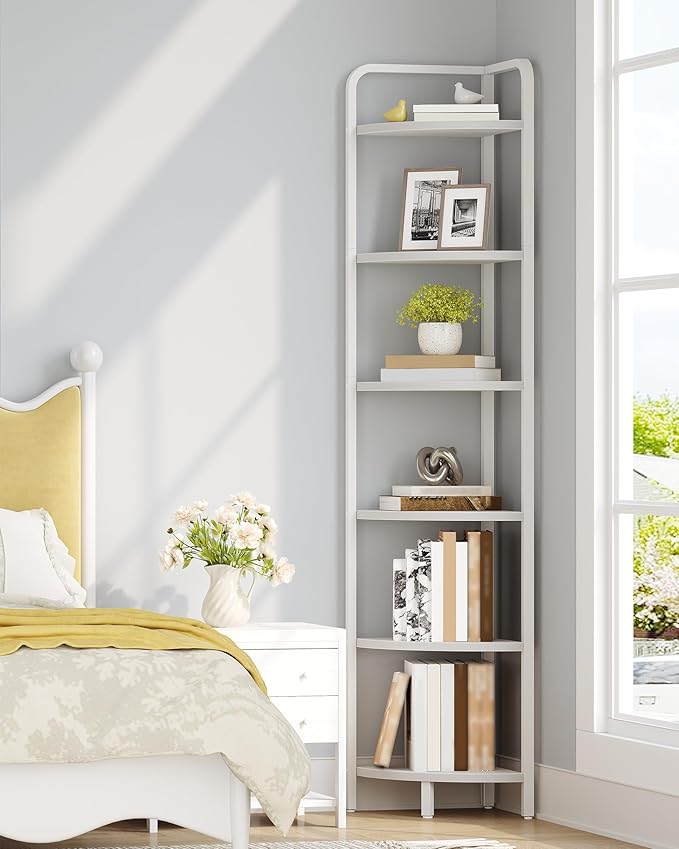 Corner Shelf Stand, Corner Bookshelf, Plant Shelf, Corner Display Rack, Standing Shelf with Metal Frame for Living Room, Bathroom, Kitchen, Industrial Style, 6 Tier White CS06613W